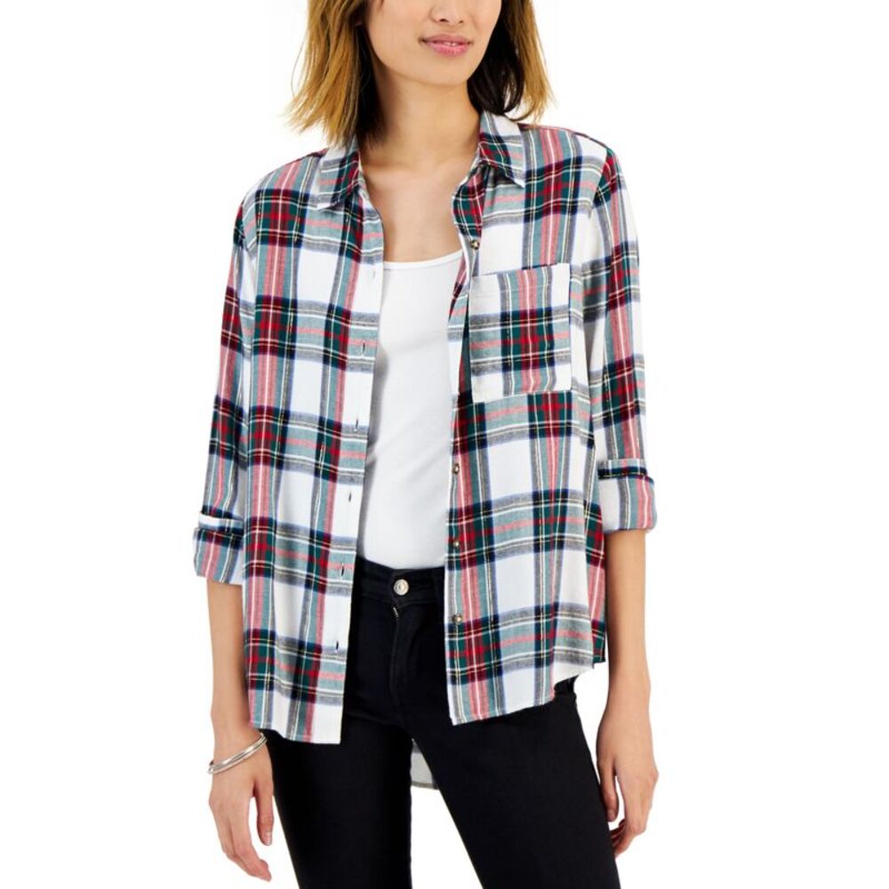Style & Co Womens Cotton Plaid Button Front Shirt